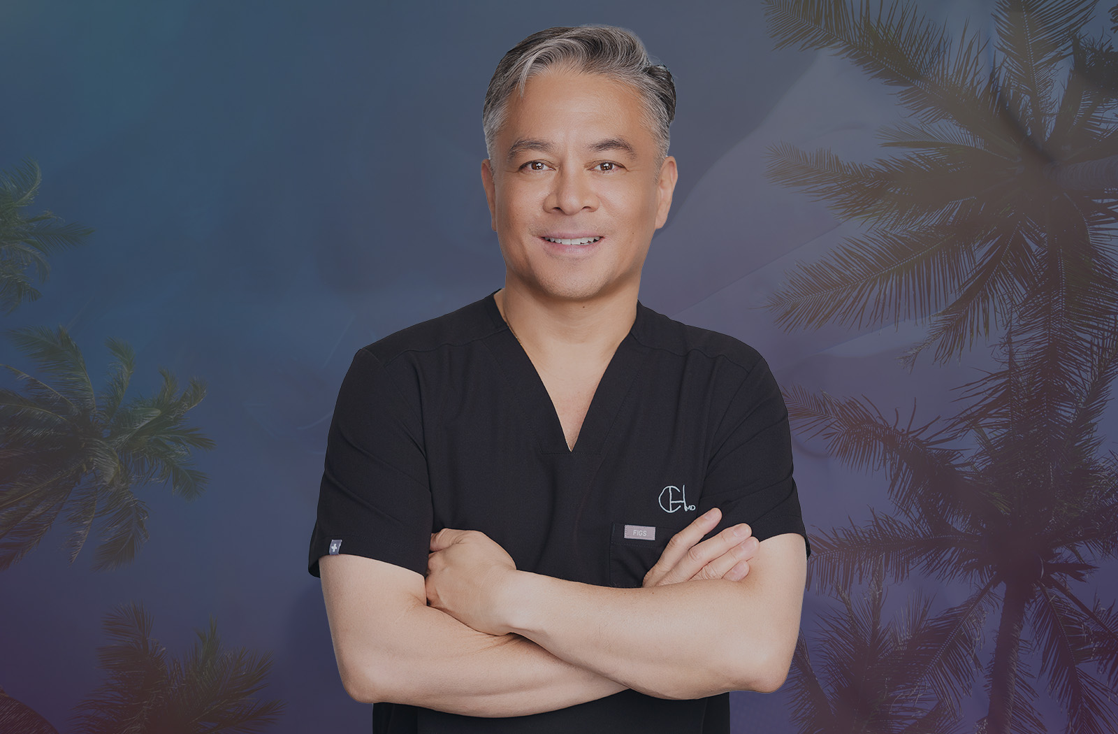 Dr. Carlo Honrado, Double Board Certified Plastic and Reconstructive Surgeon, Head and Neck Surgeon Dr. Carlo Honrado, Double Board Certified Plastic and Reconstructive Surgeon, Head and Neck Surgeon, headshot with surgeon hand close-up with blue and purple gradient overlay