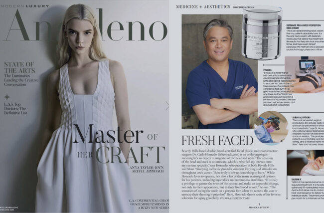 Angeleno Magazine and insert of Dr. Carlo Honrado, Double Board Certified Facial Plastic and Reconstructive Surgeon, insert Medicine + Aesthetics, Doctor's Picks